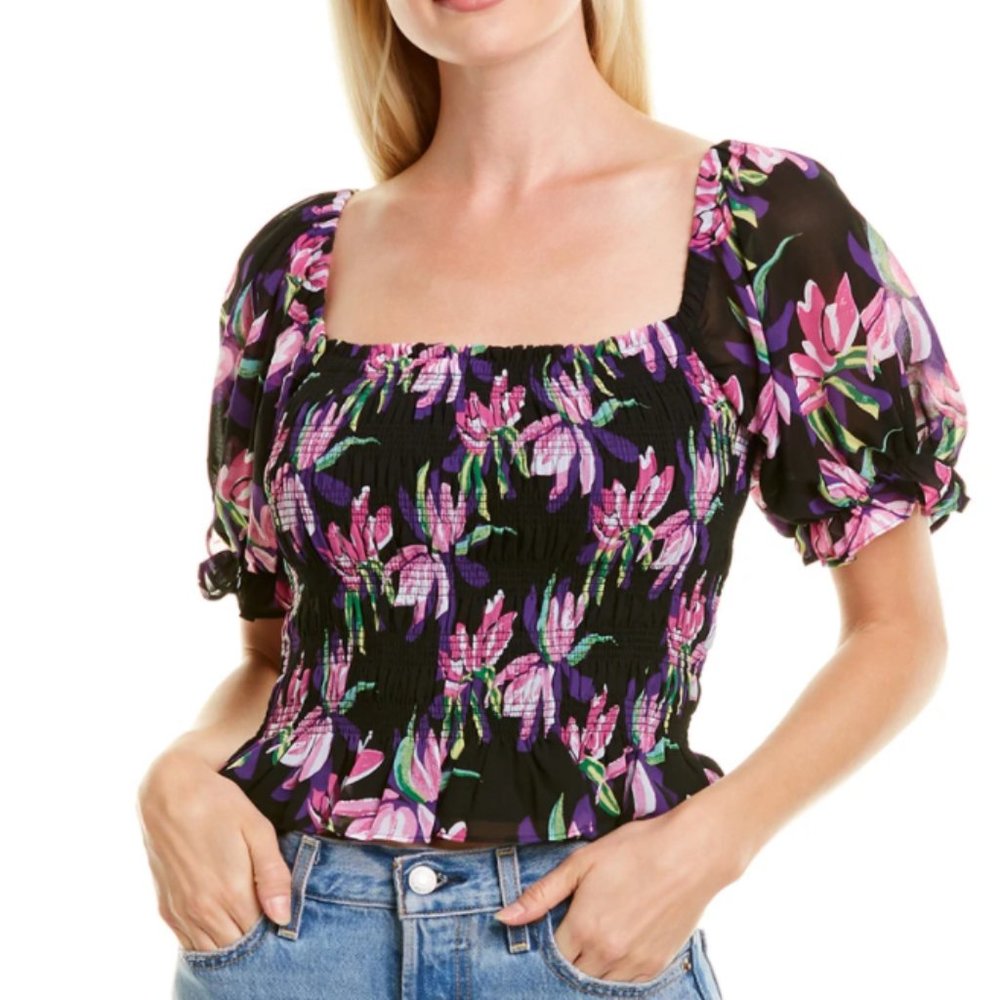Wayf Sz Med Amos Floral Smocked Black Birds Top Cropped NWT